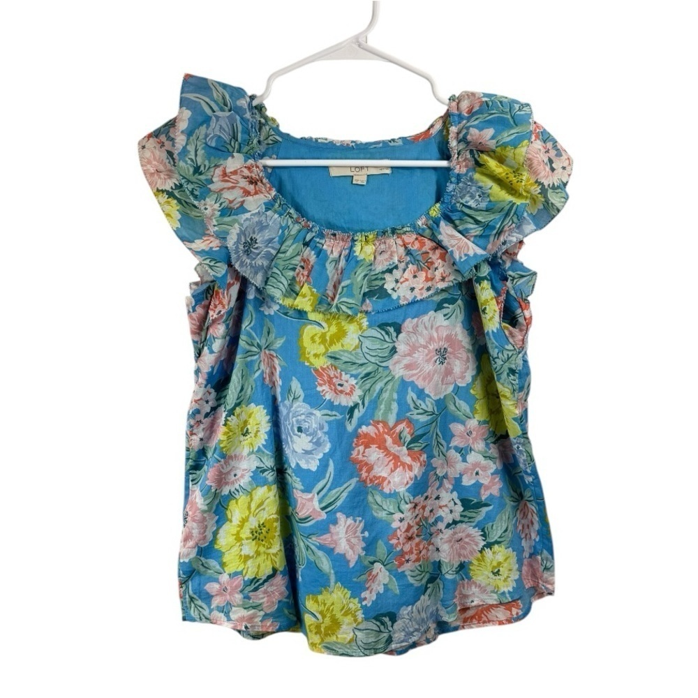 LOFT Size XSP Blue Double Layer Floral Top Ruffle Sleeveless Romantic Cottage